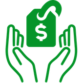 Green hands holding a dollar tag with a white dollar sign