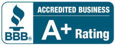 BBB Accredited Business A+ Rating badge in teal and white with a torch logo