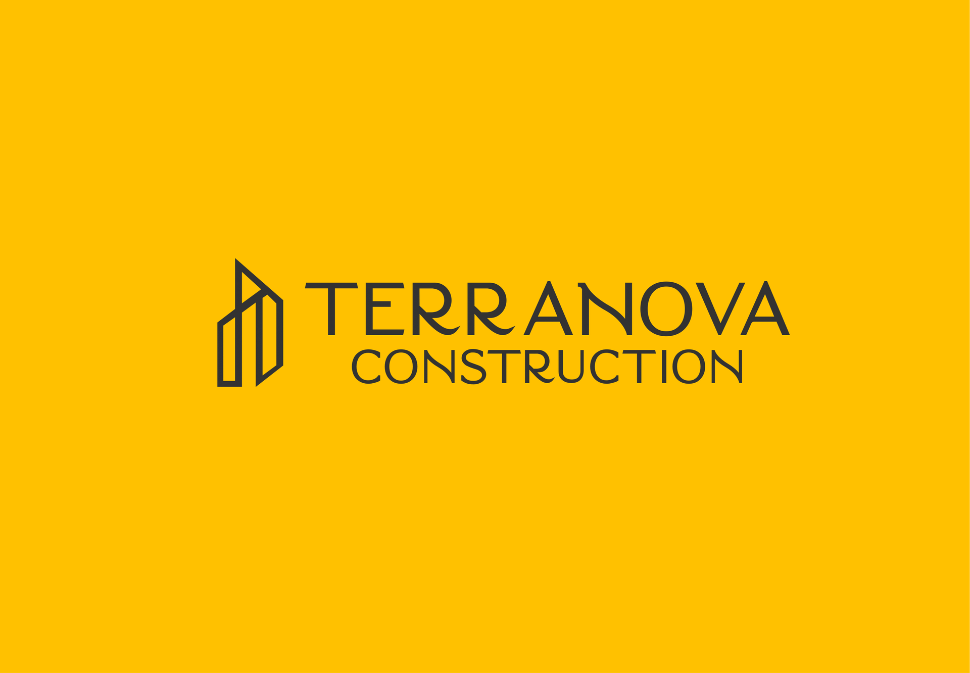 Logo for Terranova Construction featuring a minimalist building outline in black and the name in dark grey on a yellow background.