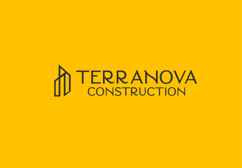 Logo for Terranova Construction featuring a minimalist building outline in black and the name in dark grey on a yellow background.
