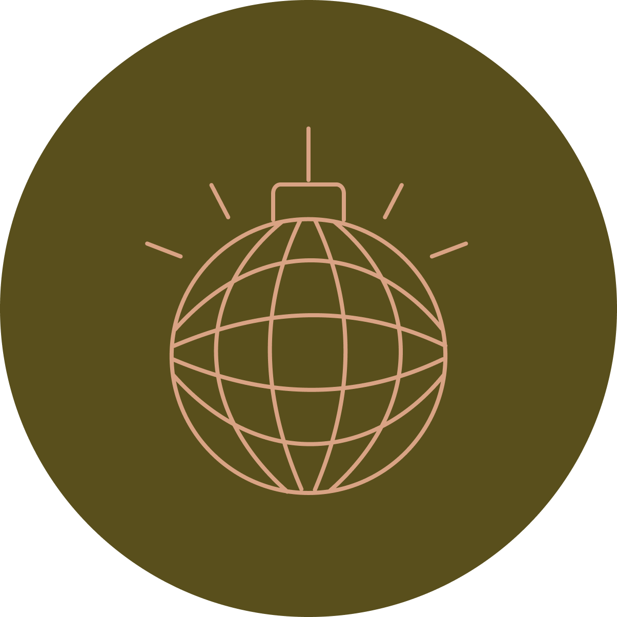 Disco ball icon on a dark green background. The ball is beige, with lines representing the mirrored facets.