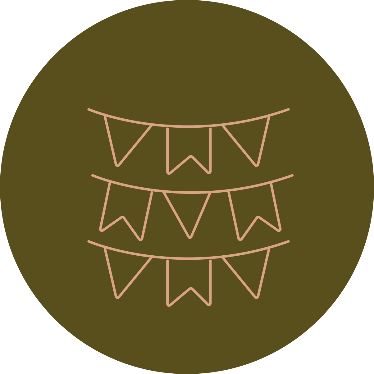 Three rows of pink pennant flags against a dark green circle.