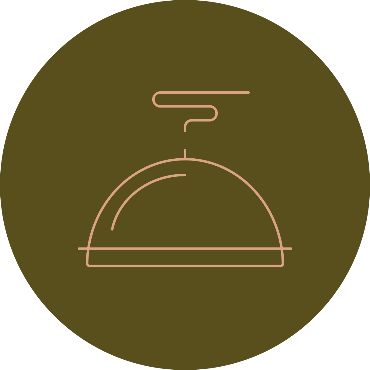 A line drawing of a covered platter with steam rising, set against a dark olive-green circle.