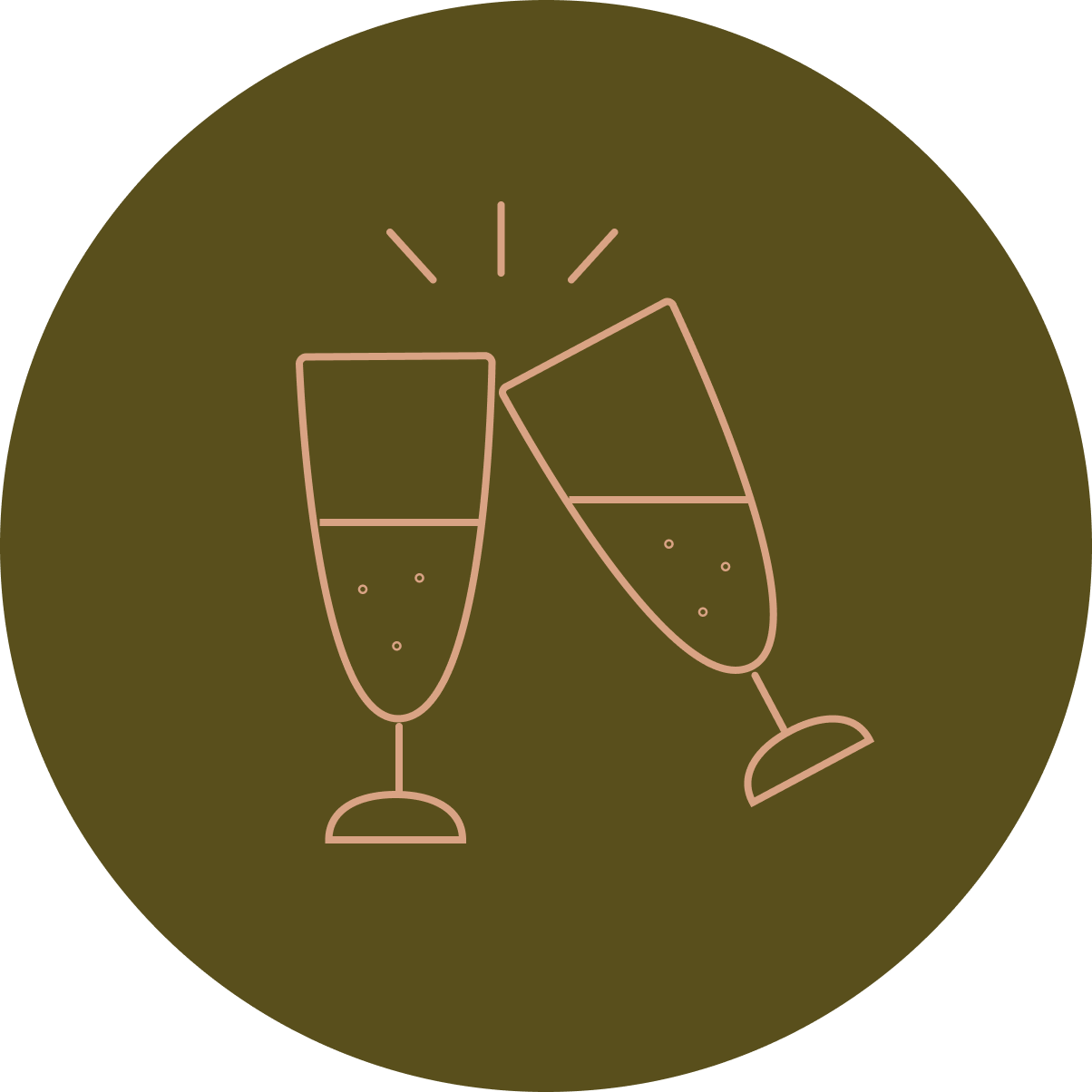 Two champagne flutes clinking, with celebratory bubbles, set in a dark olive-green circle.
