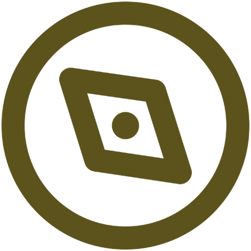 Olive-colored compass rose inside a circle, on a white background.