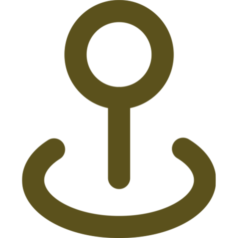 Olive-green map pin icon: a circle on a stem above a curved base, indicating location.