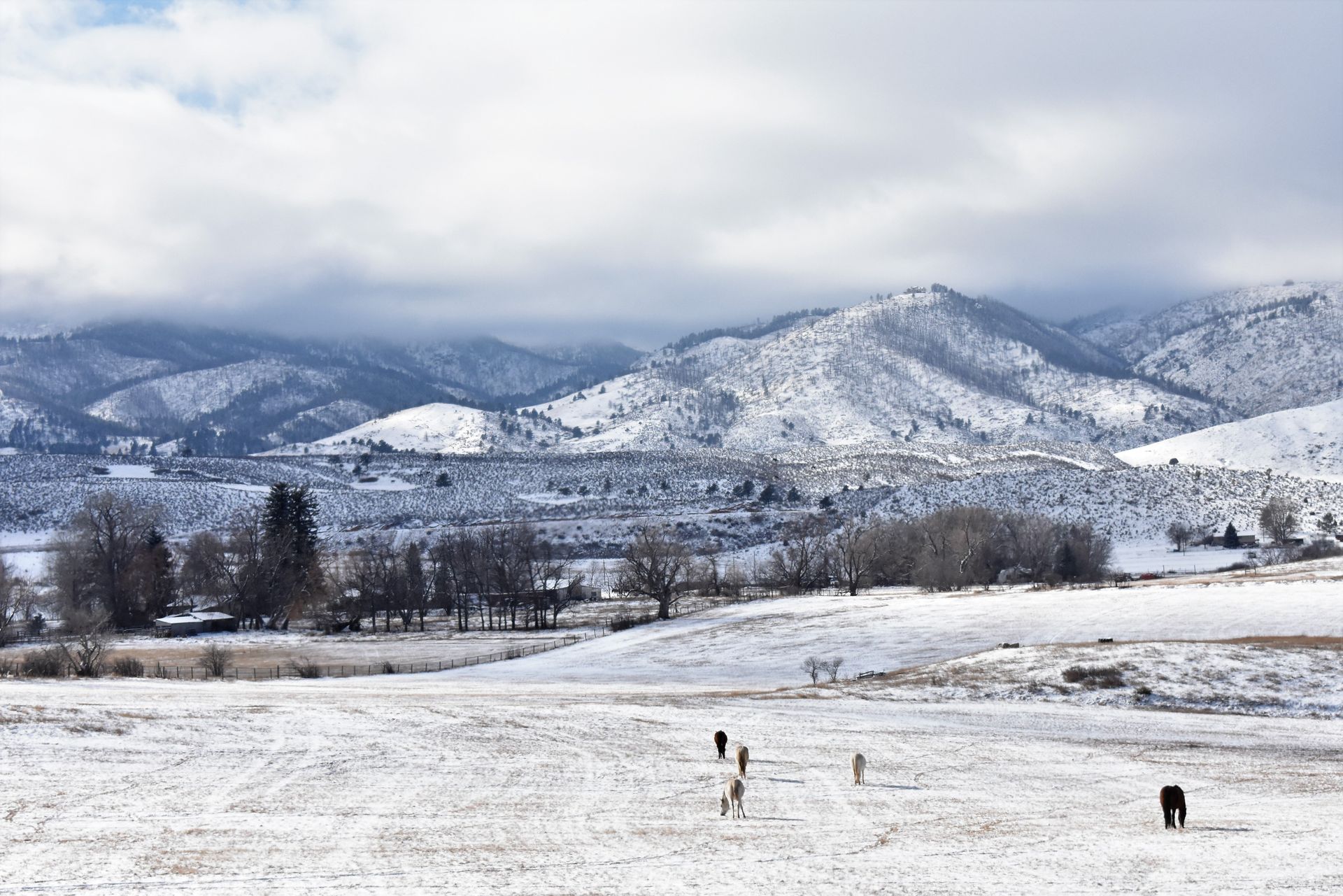 Snowy landscape with mountains and few people walking in a field.