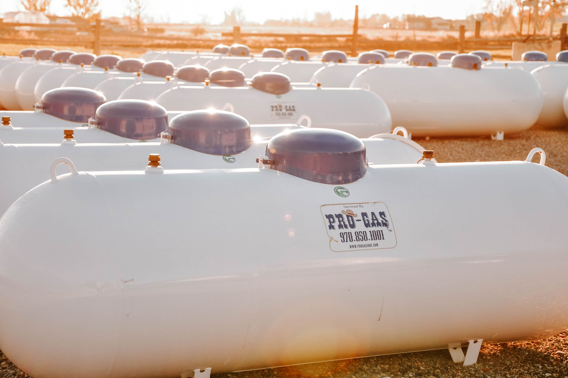 White propane tank in a gravel yard, with a blue cap, set in front of trees.