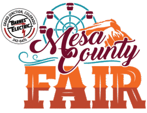 Mesa County Fair logo with a Ferris wheel, mountain silhouette, and the name. Barnes Electric logo in the corner.