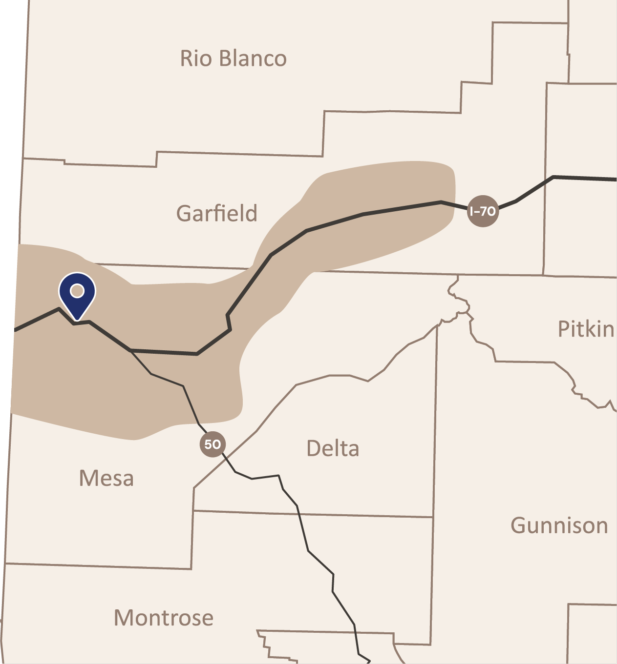 Map of Colorado counties, highlighting a region with a dark blue location pin.