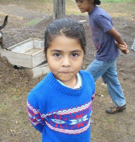 Girl in a blue sweater with a decorative pattern, looking at the camera. Another person in background.