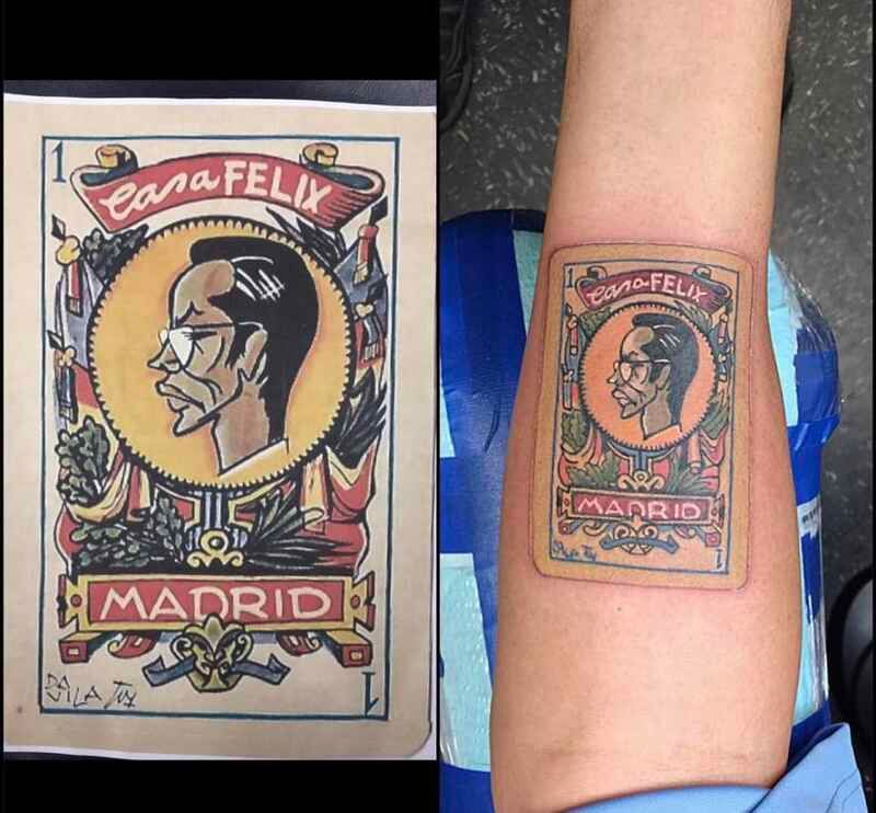 A person has a tattoo of a card that says casa felix madrid