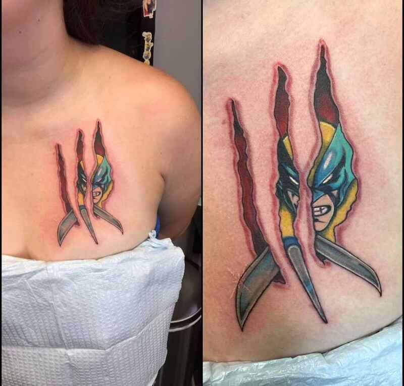 A woman has a wolverine tattoo on her chest and back