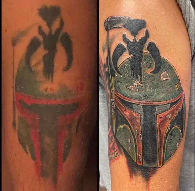 A before and after picture of a boba fett helmet tattoo on a person 's arm.