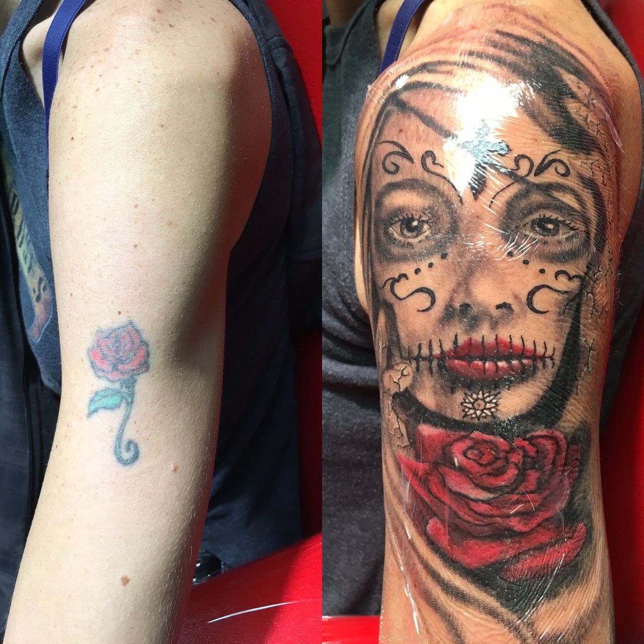 A before and after picture of a tattoo on a woman 's arm