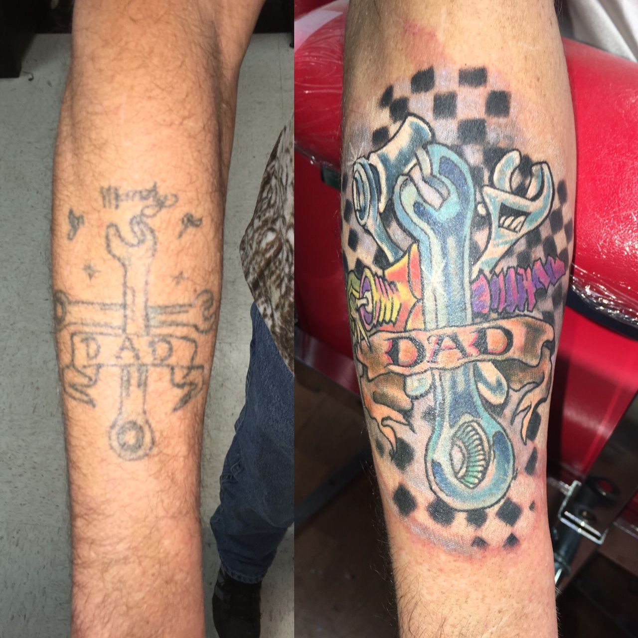 A before and after picture of a tattoo that says dad