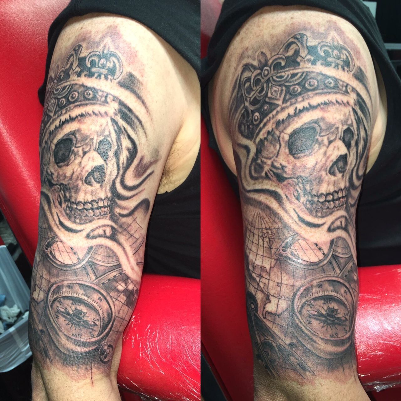 A man has a tattoo of a skull with a crown on his arm