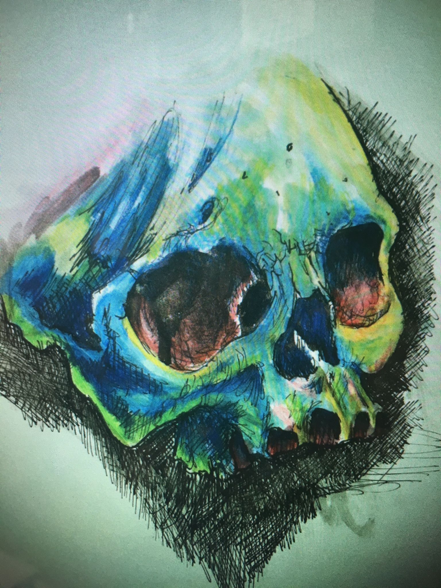 A colorful painting of a skull with a beard on a white background.