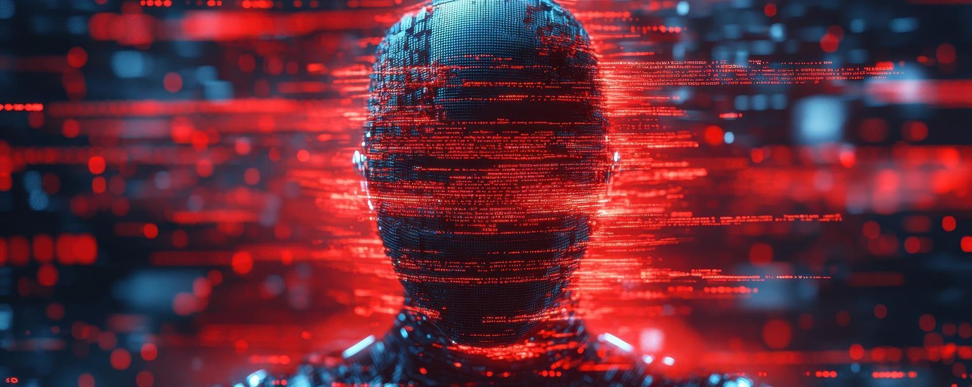 Digital, pixelated person with red data streams, facing forward. Cyberpunk, data glitch effect.
