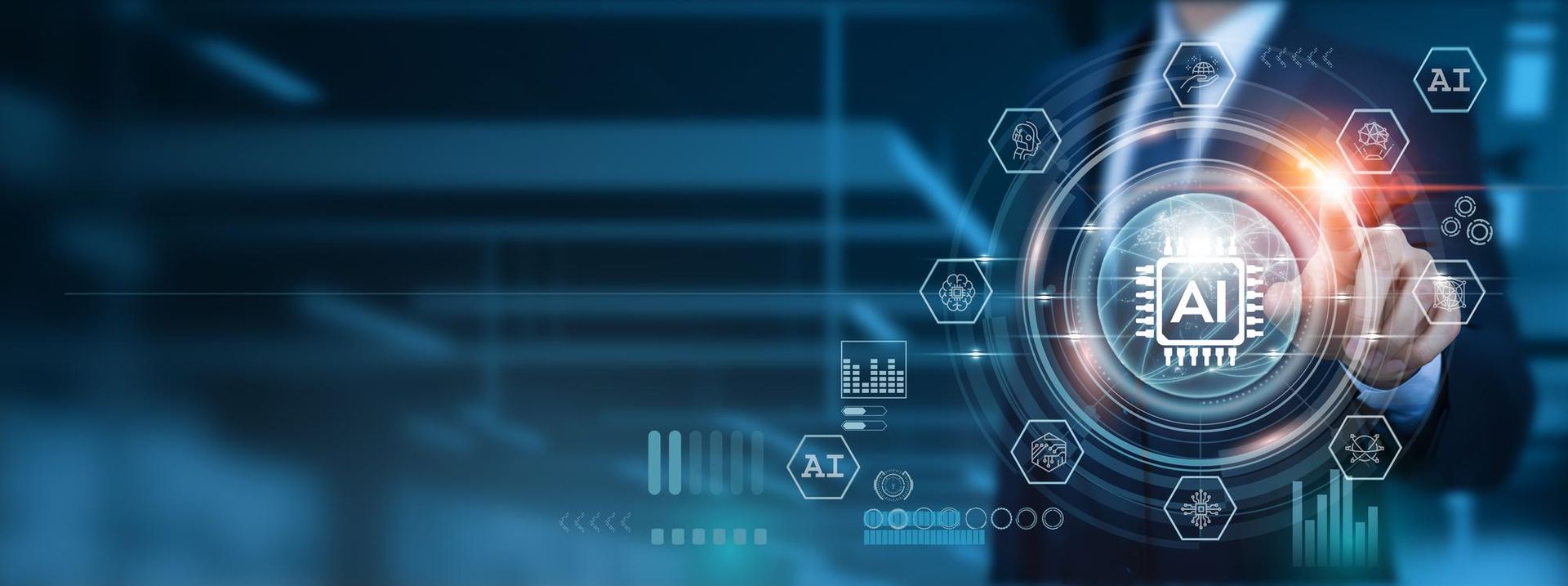 A person points to an AI interface with glowing circuits, overlaid on a blue background.