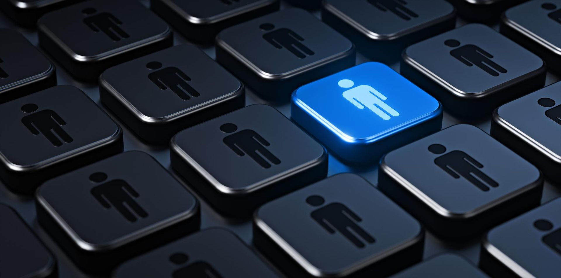 A grid of dark gray squares, each with a person icon, featuring one bright blue square in the center.