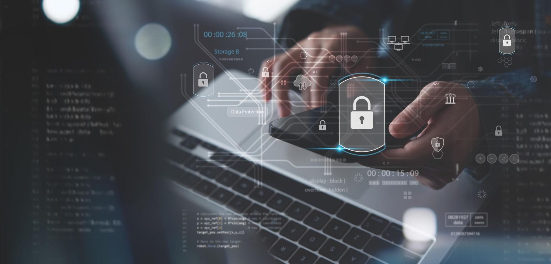 Person holding a phone with a lock icon, using a laptop; digital security concept.