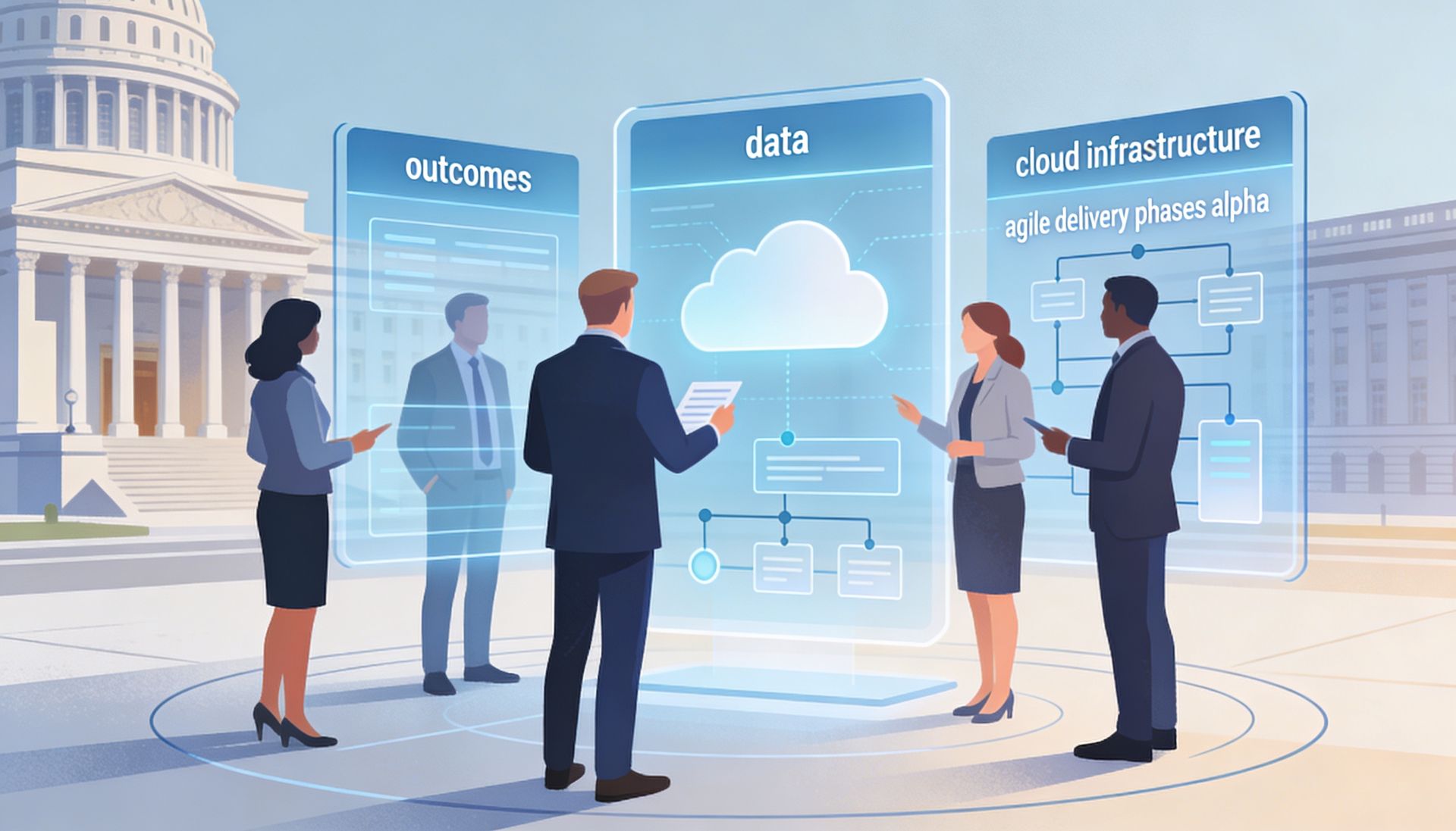 People discussing data and cloud infrastructure, near a government building.
