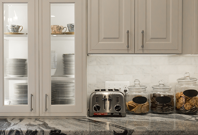 Painted Linen Waypoint Cabinets, Viscount White Granite Countertops