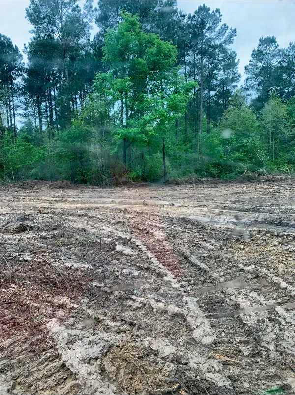 A large dirt field with trees in the background