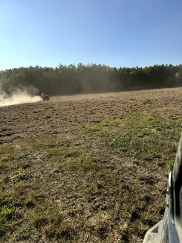 A tractor is plowing a field with trees in the background.