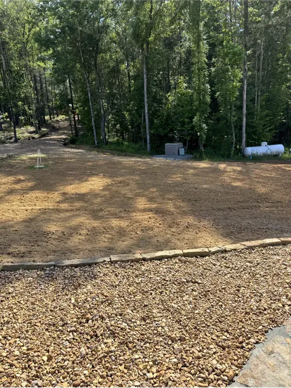 A large pile of dirt is sitting in the middle of a forest.