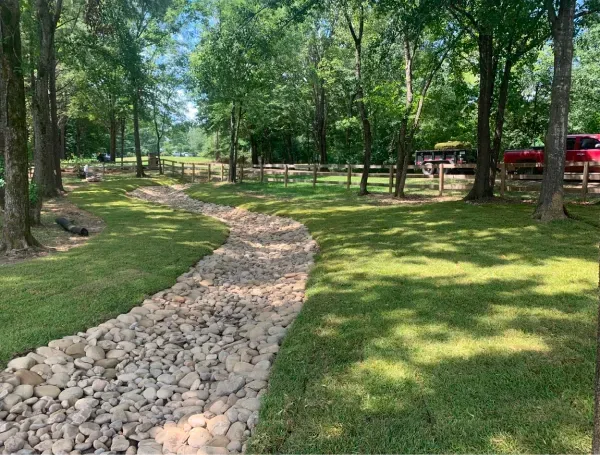 A path going through a lush green field surrounded by trees.