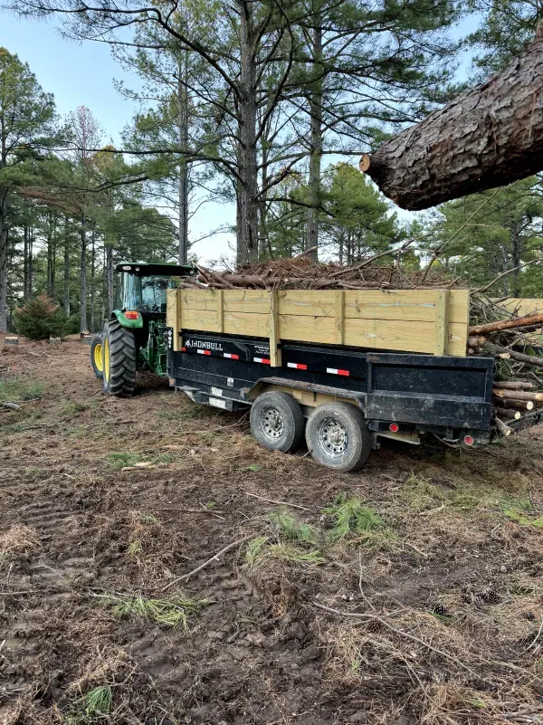 A tractor is pulling a trailer full of logs.