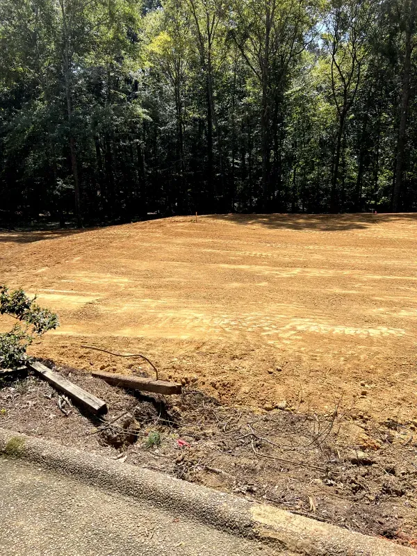A large dirt field with trees in the background and a road in the foreground.