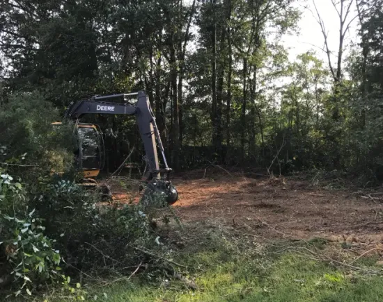 A large excavator is sitting in the middle of a forest.