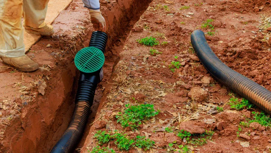 A man is standing next to a drain pipe in the dirt.