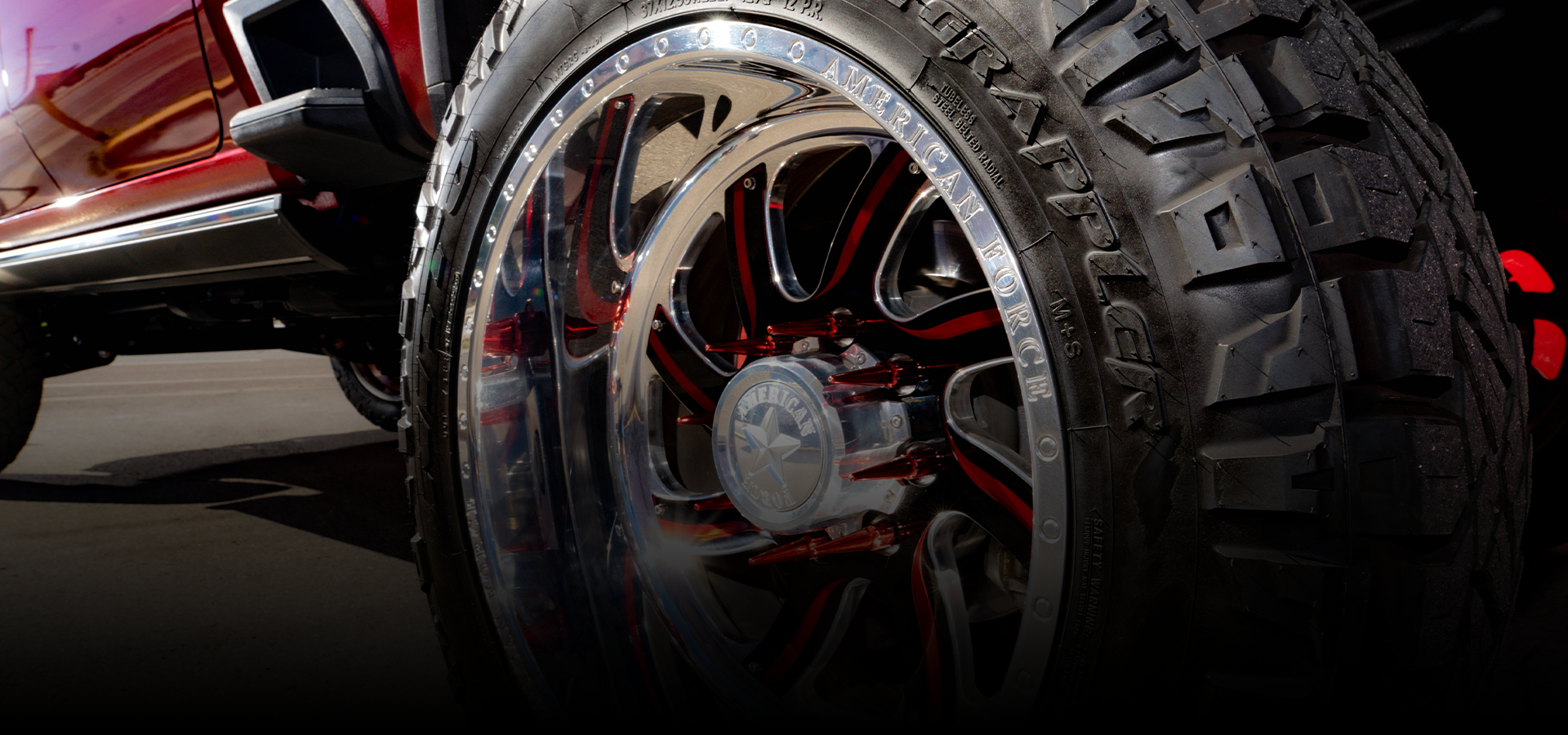 A close up of a tire on a truck.