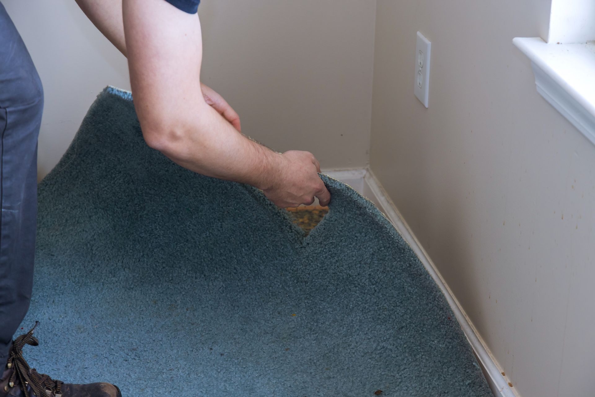 Person smoothing carpet along a wall beside a window