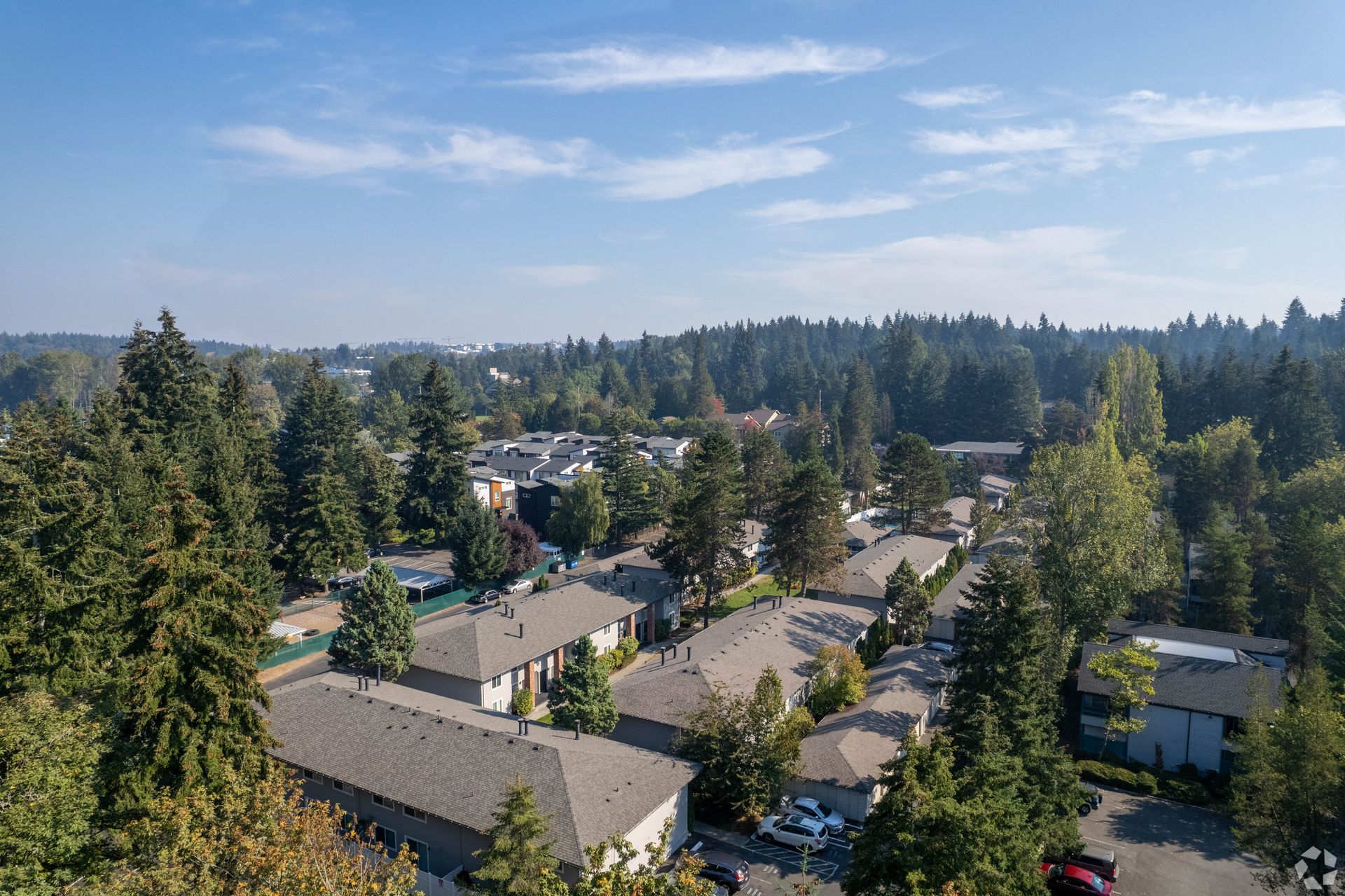 Aerial view of a residential neighborhood with several low-rise buildings surrounded by dense trees under a blue sky.