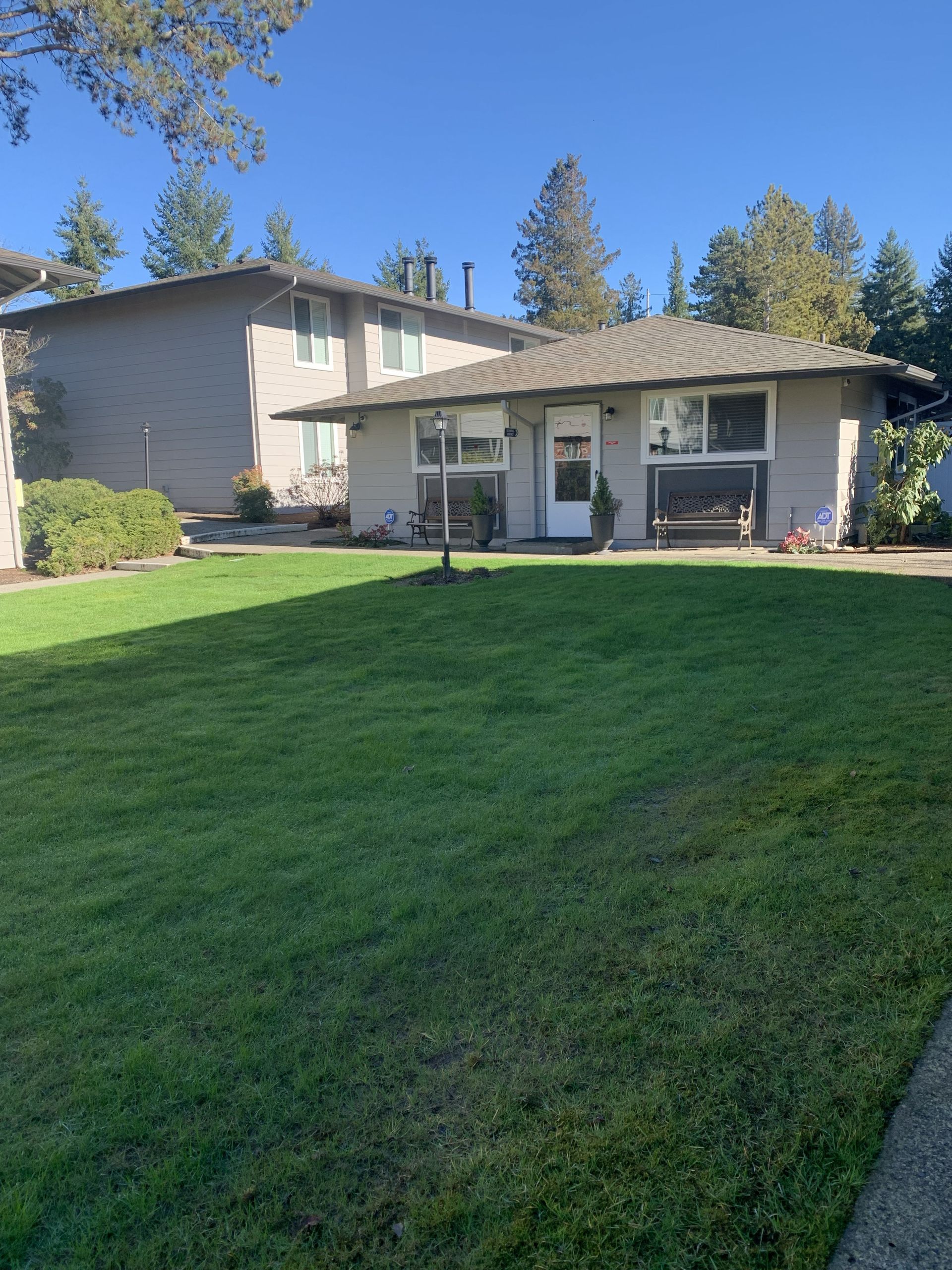 Single-story apartment building with a grassy lawn, white door, and windows under a bright blue sky.