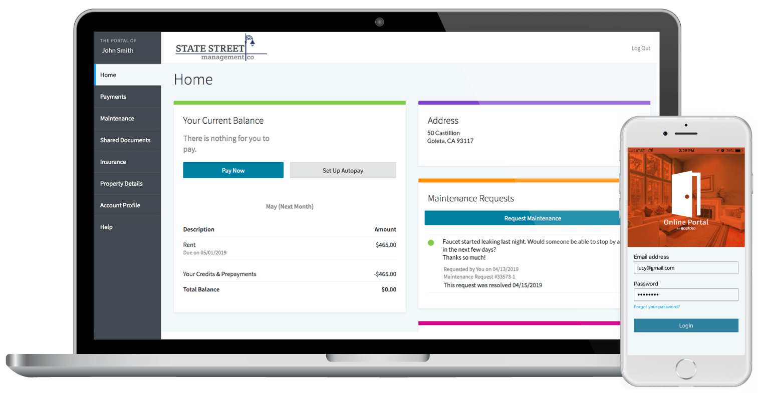 Tenant Portal screen samples on a laptop and a mobile device.