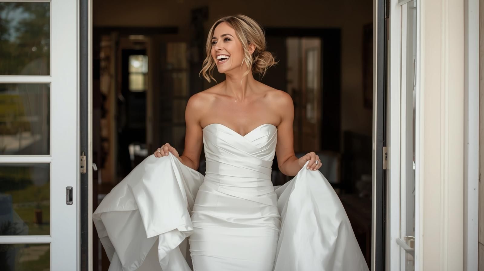 Sposa felice che esce di casa il giorno delle sue Nozze