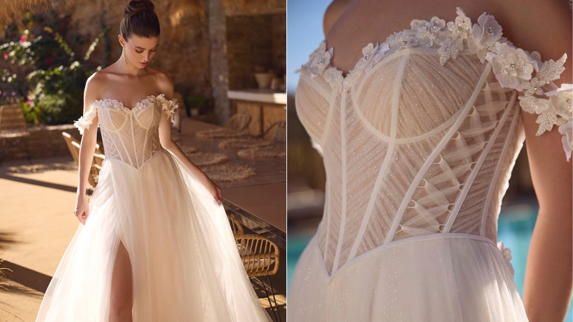 Un Abito Sposa con corpino a punta e al posto dei soliti pizzi, un intreccio di tulle luminoso ti renderà una Sposa moderna e speciale