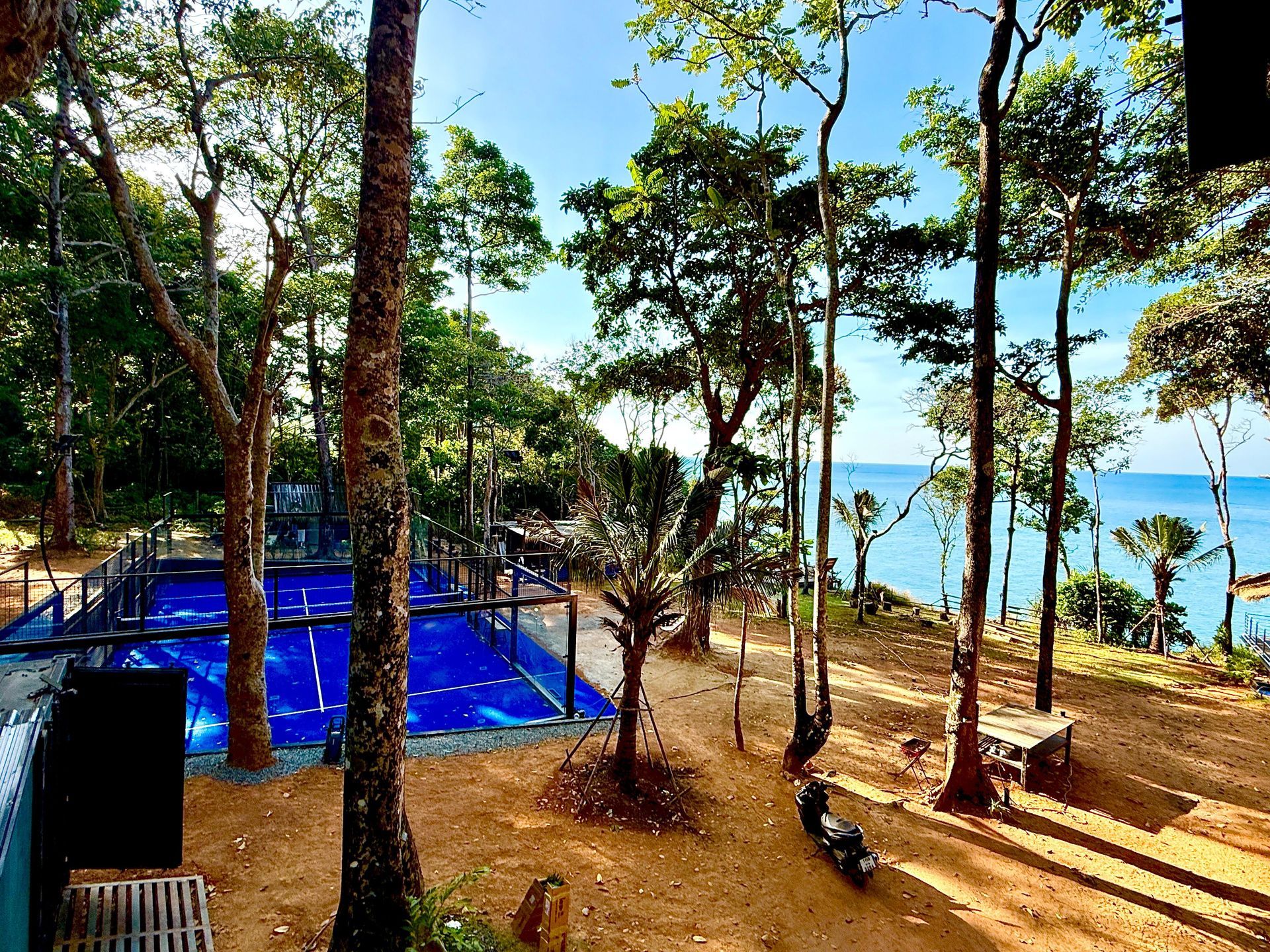 A swimming pool in the middle of a forest with a view of the ocean