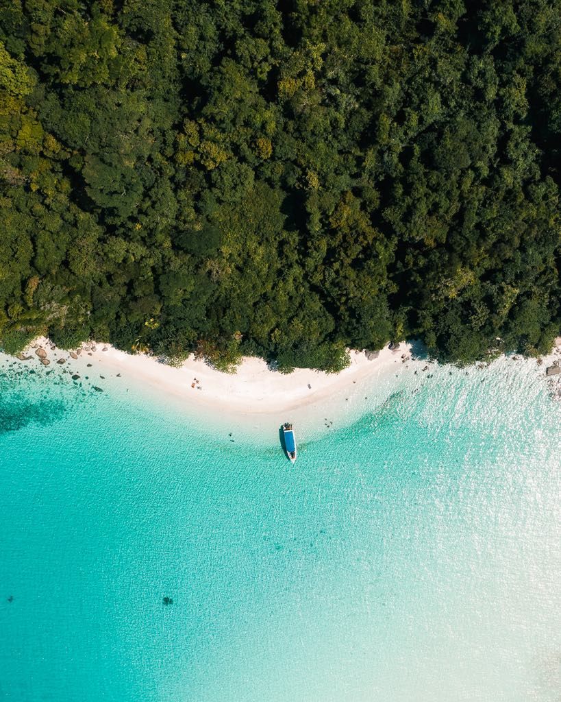 An aerial view of a tropical beach with a boat in the water surrounded by trees.