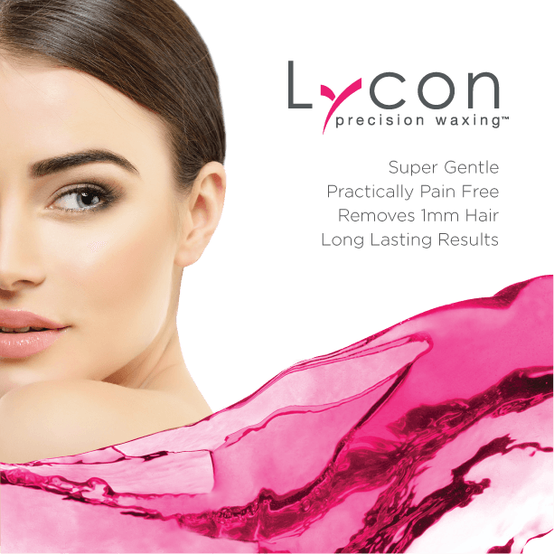 Ein Poster für Lycon Precision Waxing zeigt das Gesicht einer Frau