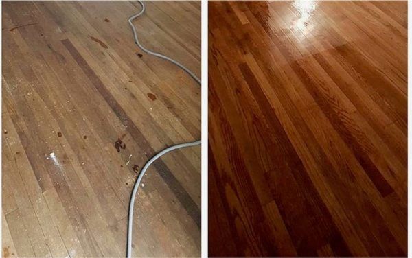 Left side shows dirty wooden floor, right side shows clean, shiny wooden floor.