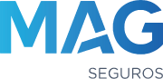 O logotipo da mag seguros é azul e branco sobre fundo branco.