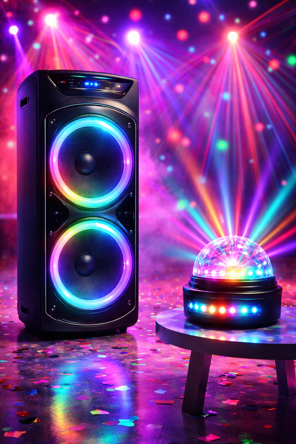 Altavoz negro sobre un escritorio, iluminado por luces violetas junto a un monitor.