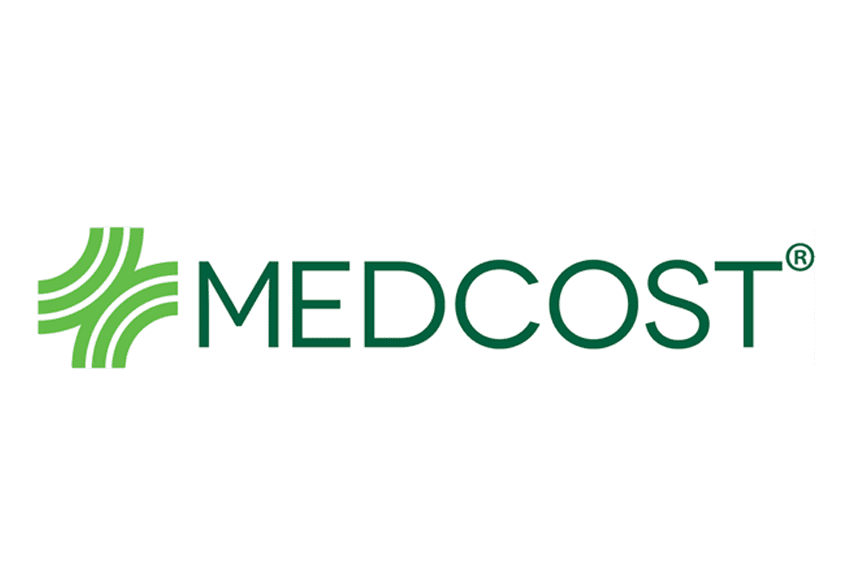 A medcost logo with a green cross on a white background.